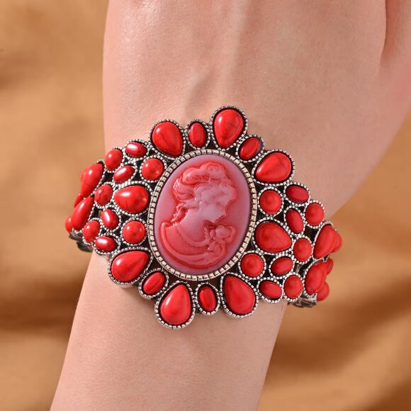 Red Howlite Cameo Bangle Bracelet in Silvertone (7") 26.00 ctw - Picture 2 of 4